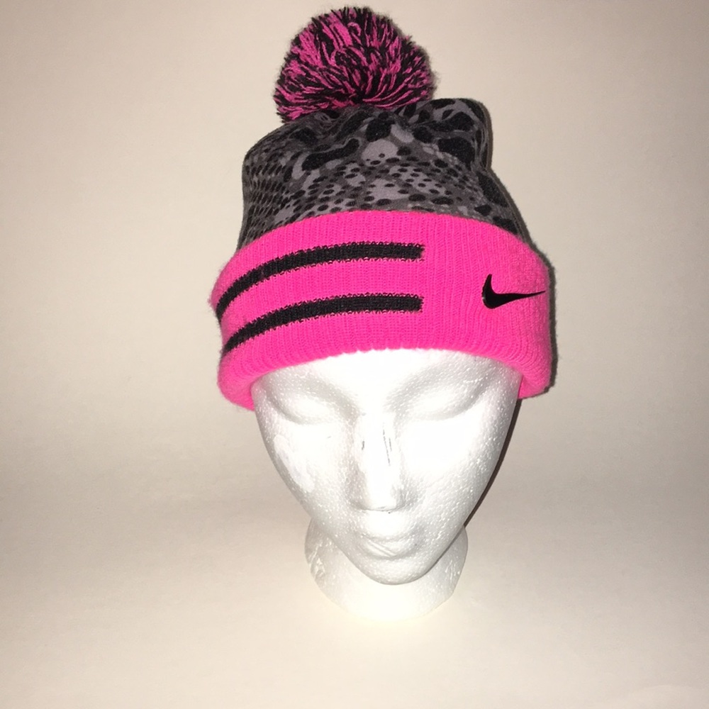 Nike/Youth Neon Pink & Black w/Gray & Black animal print, pink/black PomPom - Picture 1 of 7